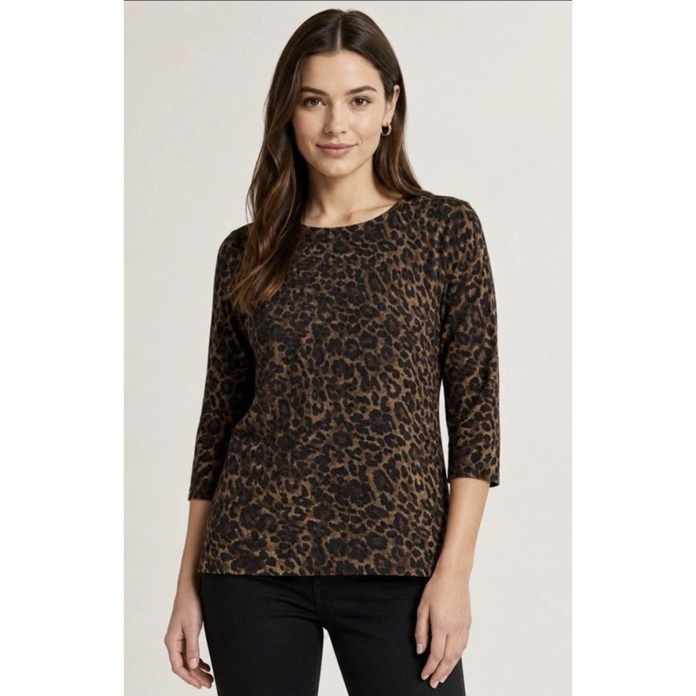 Talbots Pure Cashmere Leopard Print Crewneck Sweater Brown Tan Large